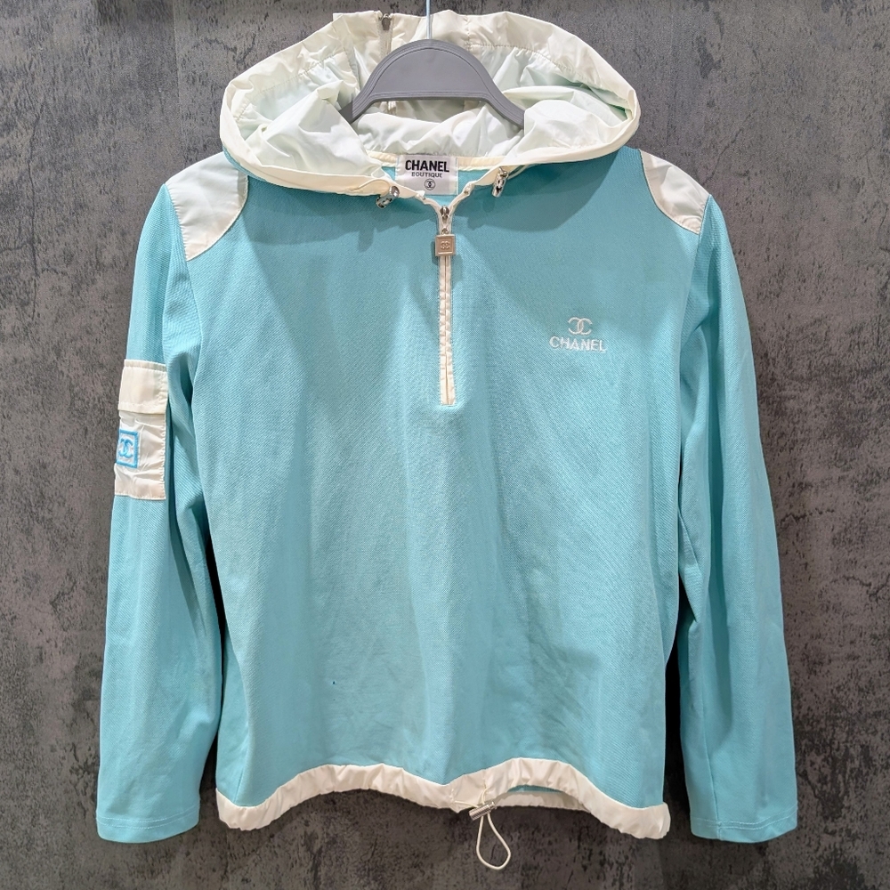 CHANEL Light Blue and White Hooded Pullover Sweatshirt